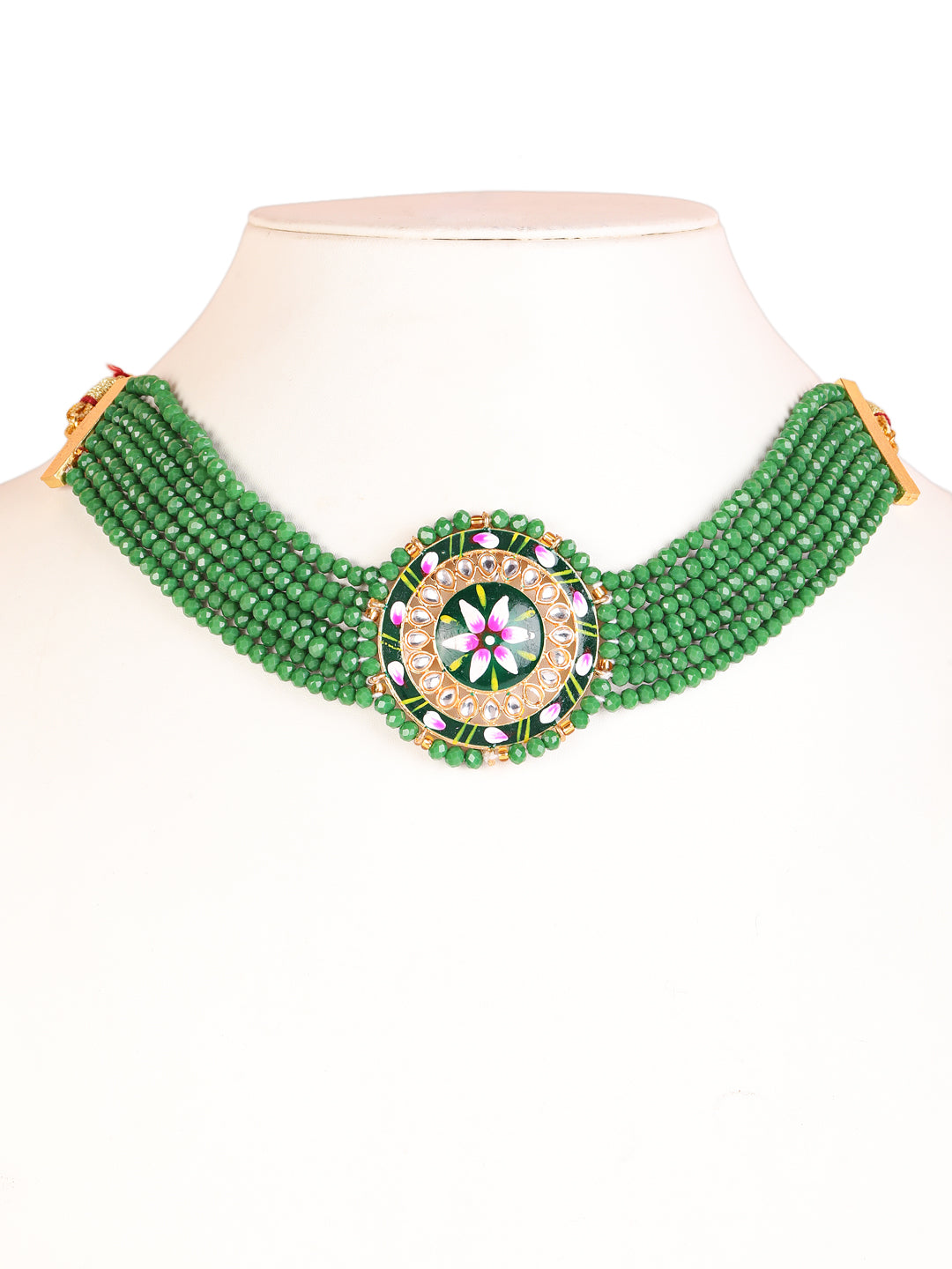 Women Green & Pink Kundan-Studded & Beaded Handcrafted Meenakari Jewellery Set - Jazzandsizzle