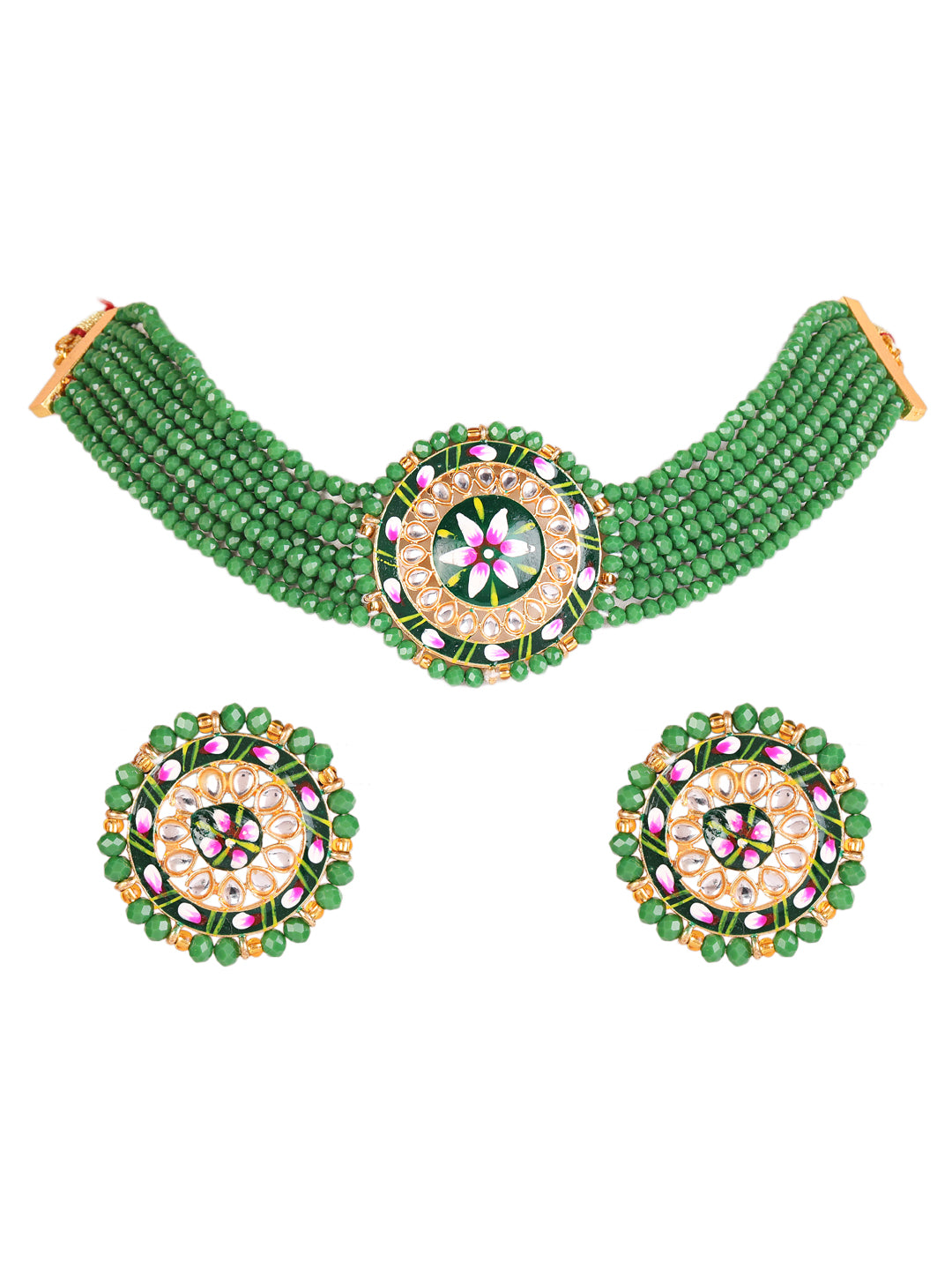 Women Green & Pink Kundan-Studded & Beaded Handcrafted Meenakari Jewellery Set - Jazzandsizzle