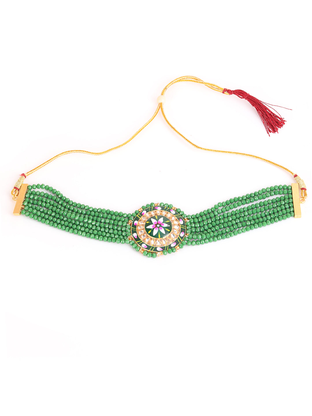 Women Green & Pink Kundan-Studded & Beaded Handcrafted Meenakari Jewellery Set - Jazzandsizzle