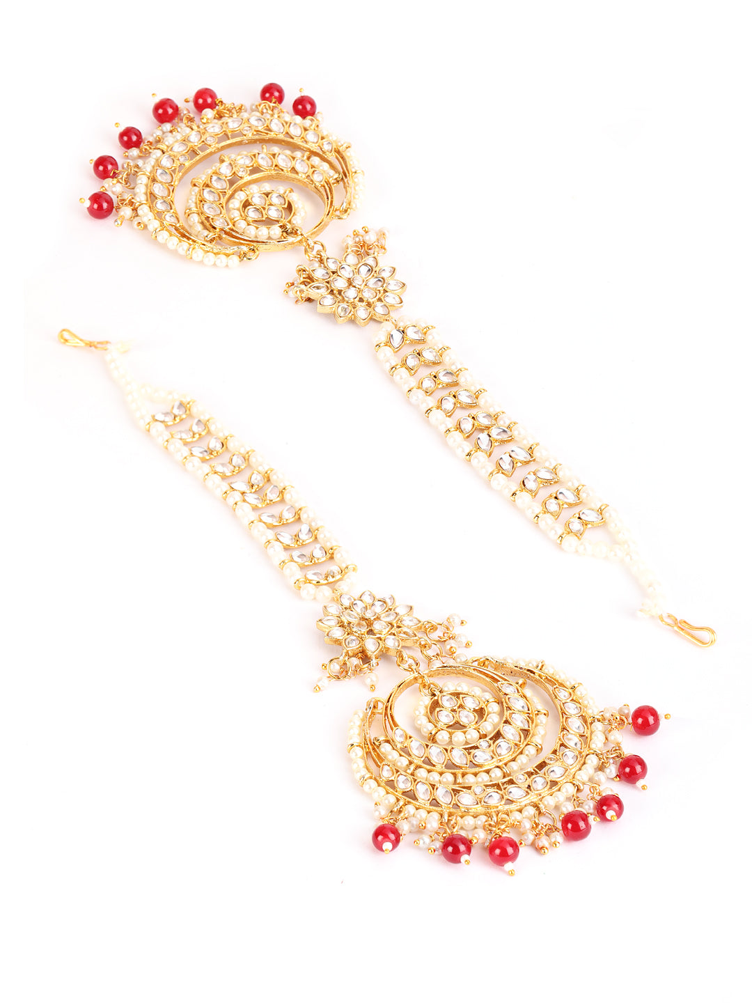 Gold-Toned Mahroon & White Kundan stone studded & Pearls Traditional Maangtikka - Jazzandsizzle