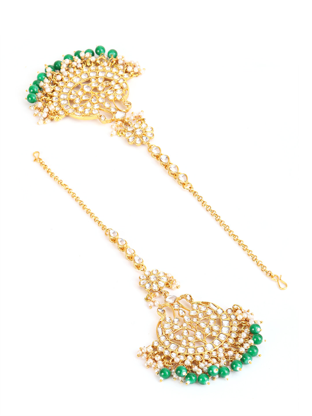 Gold-Toned Green & White Kundan stone studded & Pearls Beaded Traditional Maangtikka - Jazzandsizzle