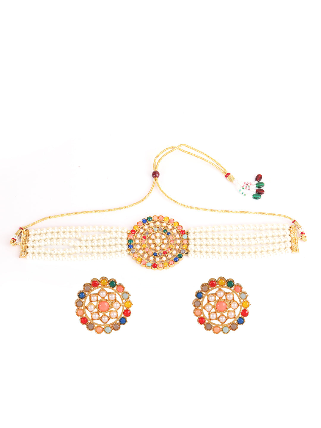 Gold-Plated White & Green Pearl-Studded Choker Jewellery Set