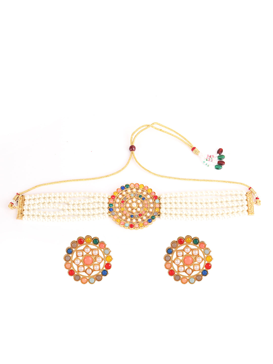 Gold-Plated White & Green Pearl-Studded Choker Jewellery Set - Jazzandsizzle