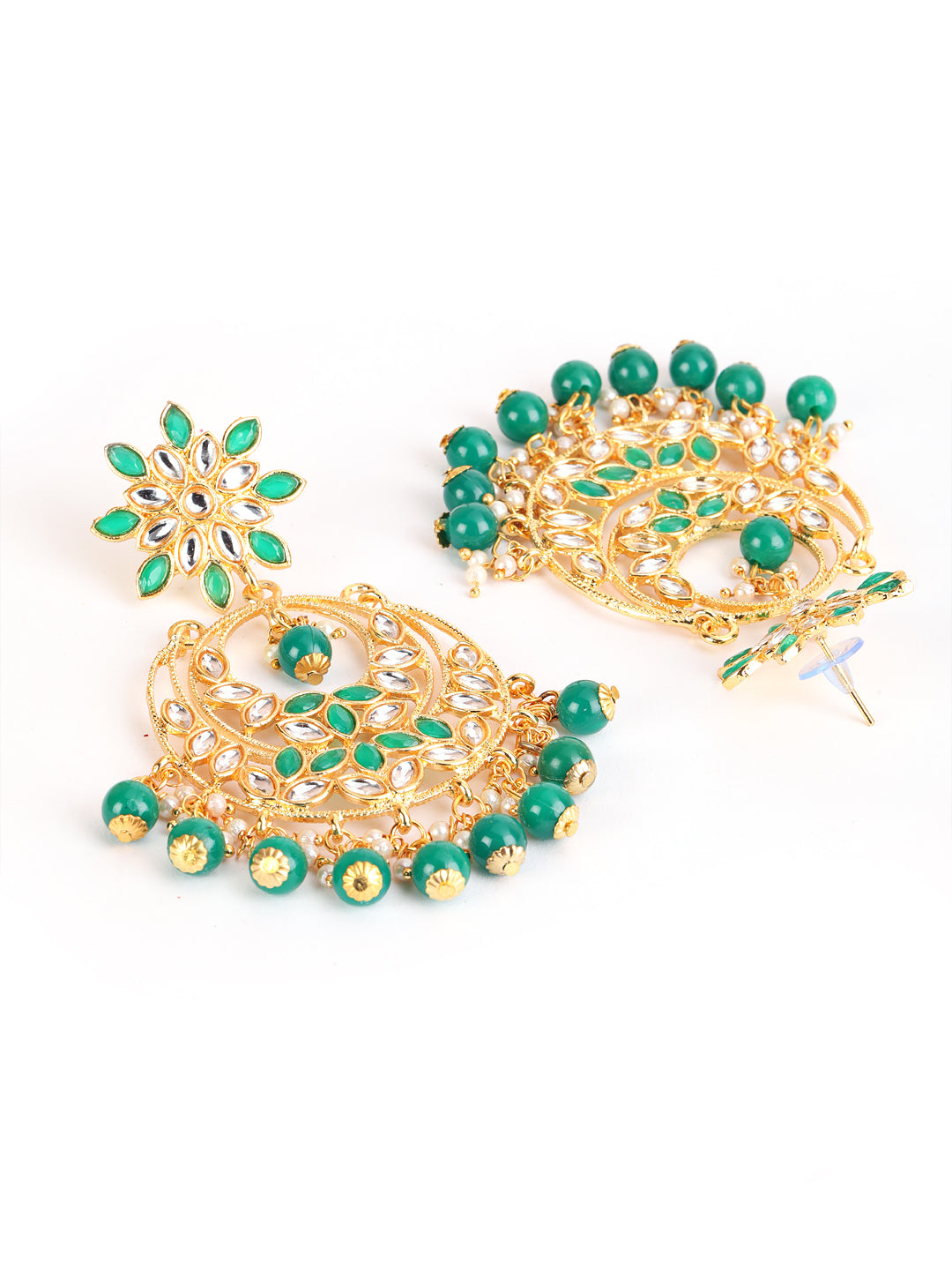 Gold-Toned Green & White Kundan stone studded & Pearls Beaded Traditional Maangtikka & Earrings Set - Jazzandsizzle