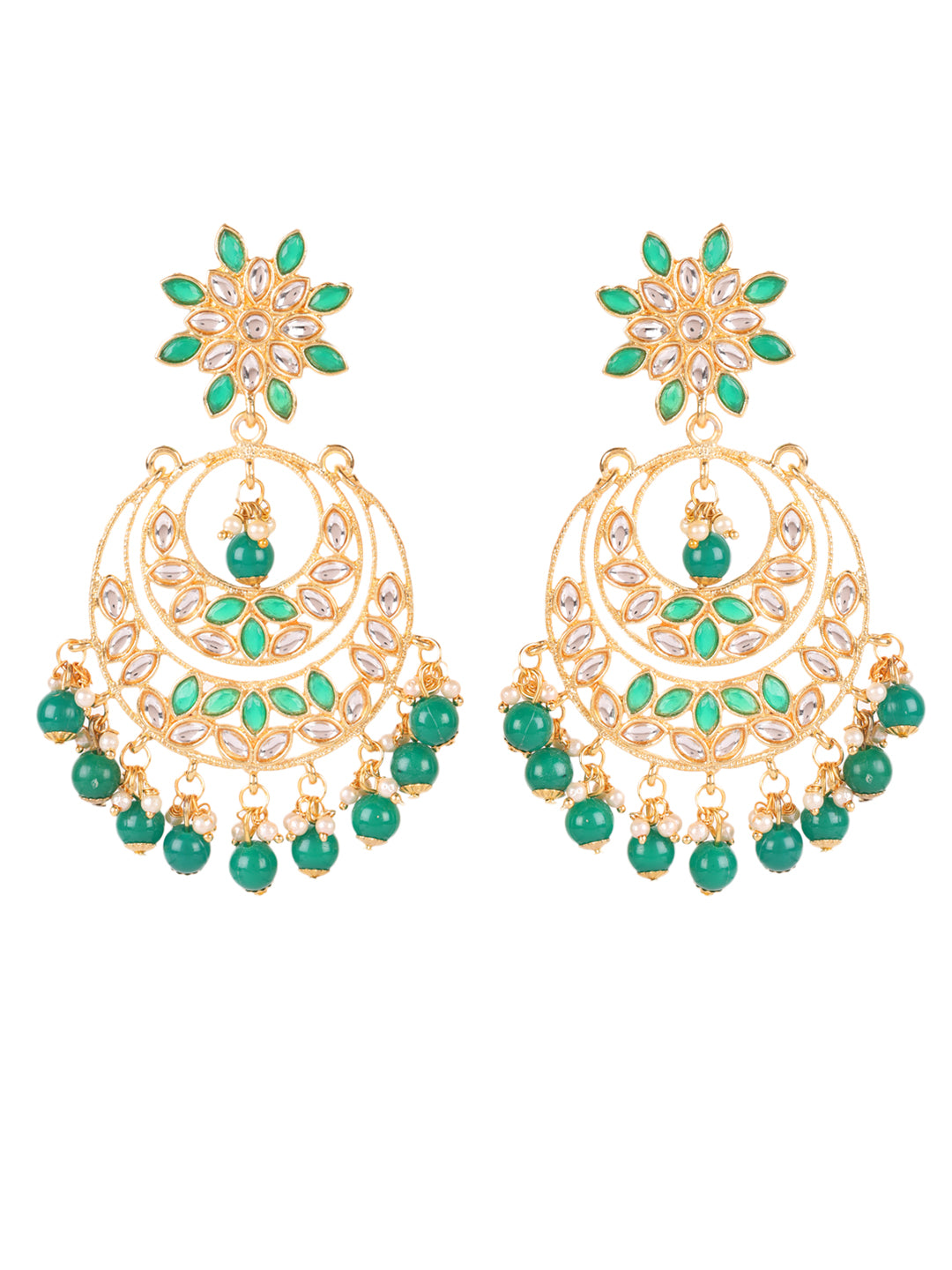 Gold-Toned Green & White Kundan stone studded & Pearls Beaded Traditional Maangtikka & Earrings Set - Jazzandsizzle
