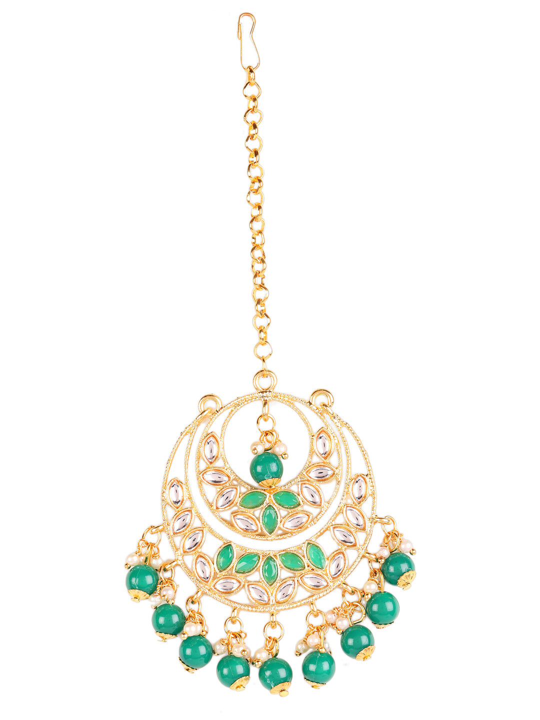 Gold-Toned Green & White Kundan stone studded & Pearls Beaded Traditional Maangtikka & Earrings Set - Jazzandsizzle