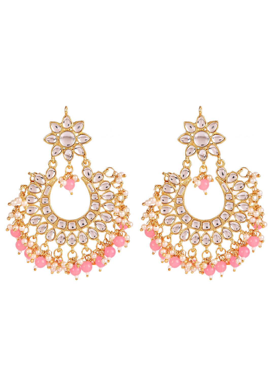 Gold-Toned white Kundan studded & Pink Pearls Maangtikka & Earring Set - Jazzandsizzle