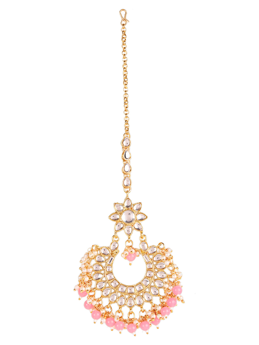 Gold-Toned white Kundan studded & Pink Pearls Maangtikka & Earring Set - Jazzandsizzle