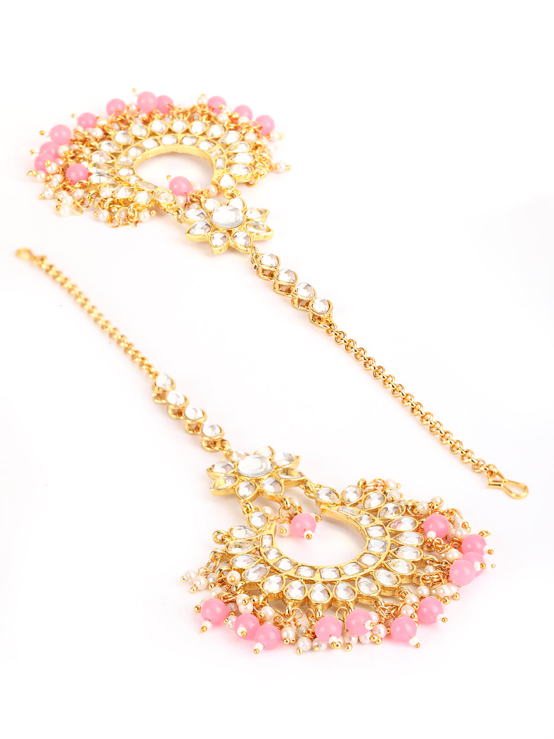 Gold-Toned white Kundan studded & Pink Pearls Maangtikka & Earring Set - Jazzandsizzle
