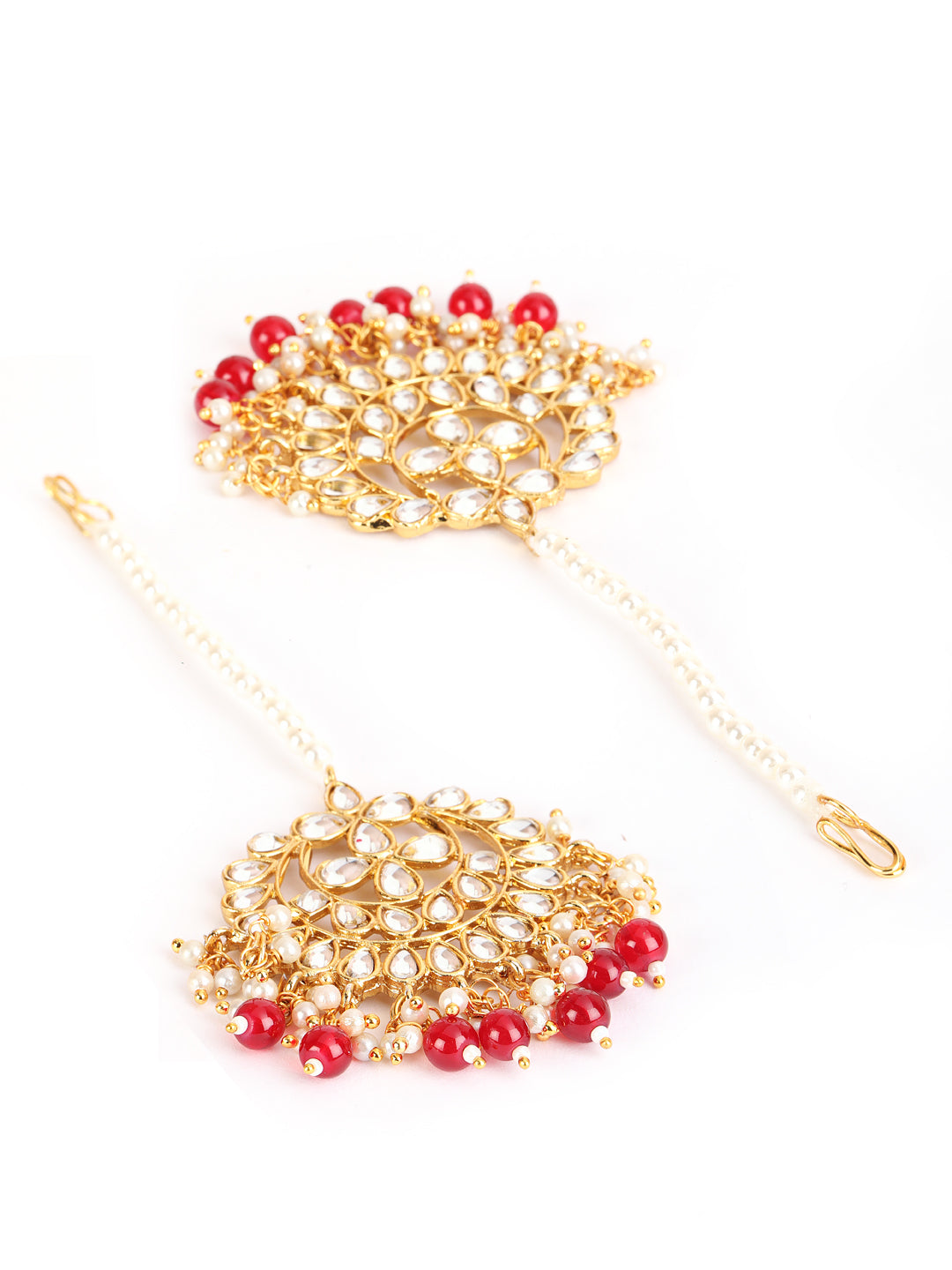 Gold-Toned Mahroon & White Kundan stone studded & Pearls Maangtikka & Earring Set - Jazzandsizzle