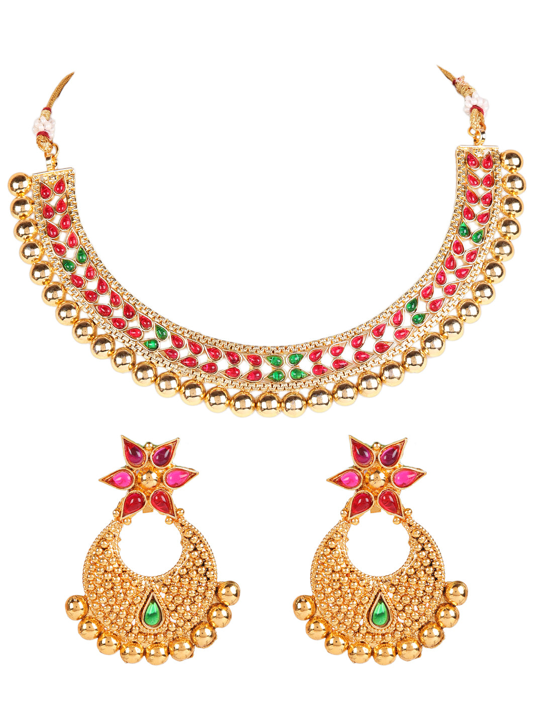 Gold-Plated Red & Green Stone Studded Handcrafted Jewellery Set - Jazzandsizzle