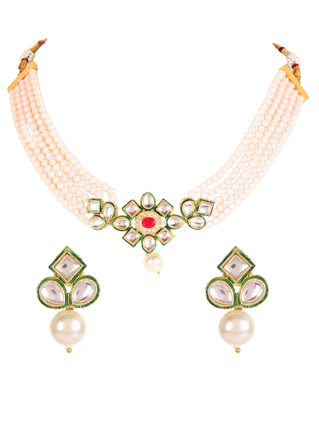 Gold-Plated PeachPink & Green Kundan-Studded & Beaded Handcrafted Jewellery Set - Jazzandsizzle