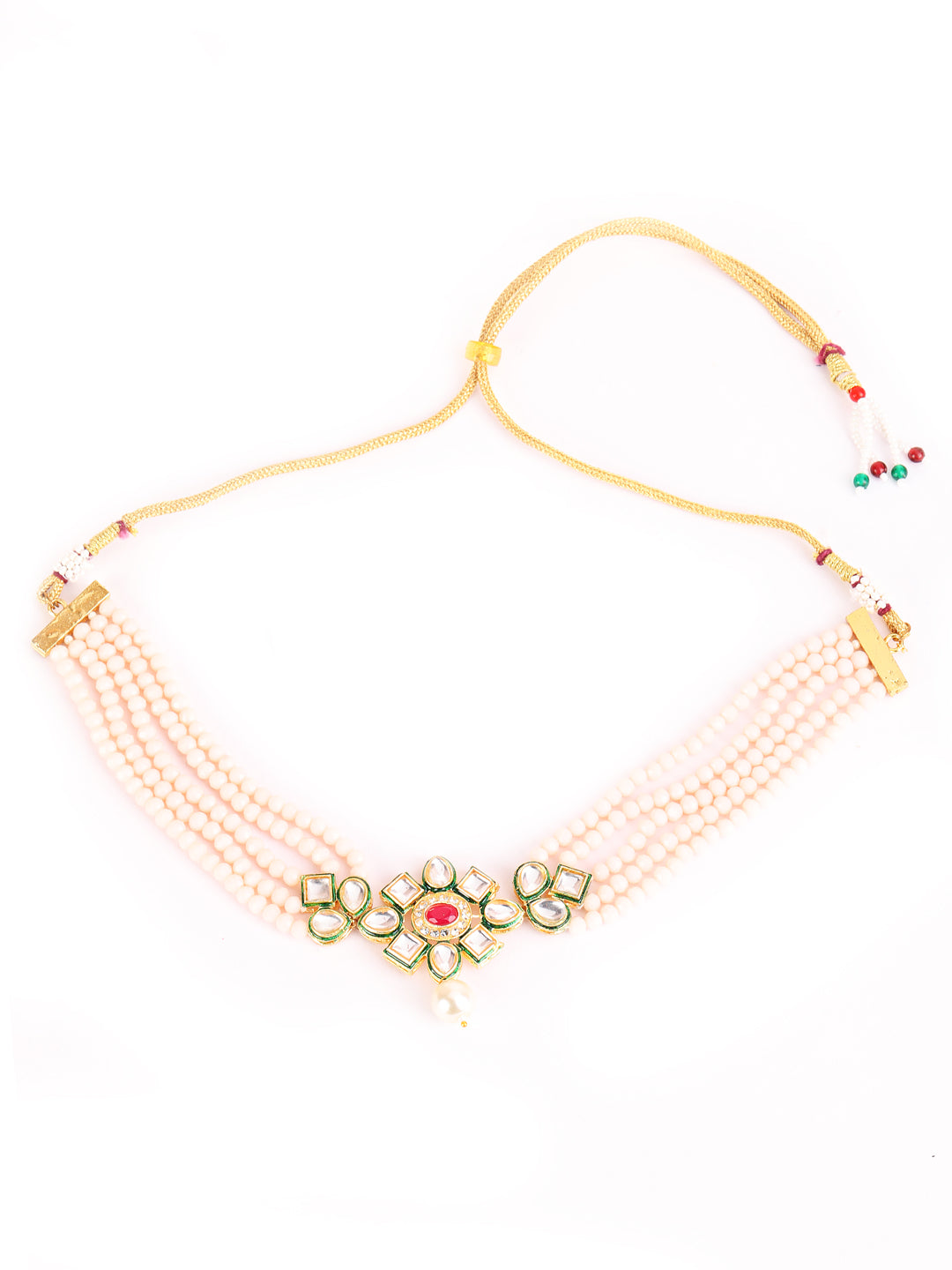 Gold-Plated PeachPink & Green Kundan-Studded & Beaded Handcrafted Jewellery Set - Jazzandsizzle