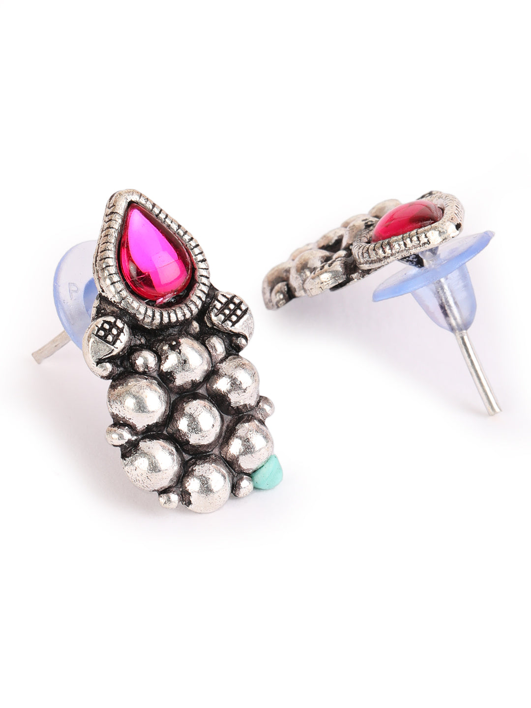 Silver-Toned Oxidized Pink& Green Stone studded Peacock Jewellery Set - Jazzandsizzle