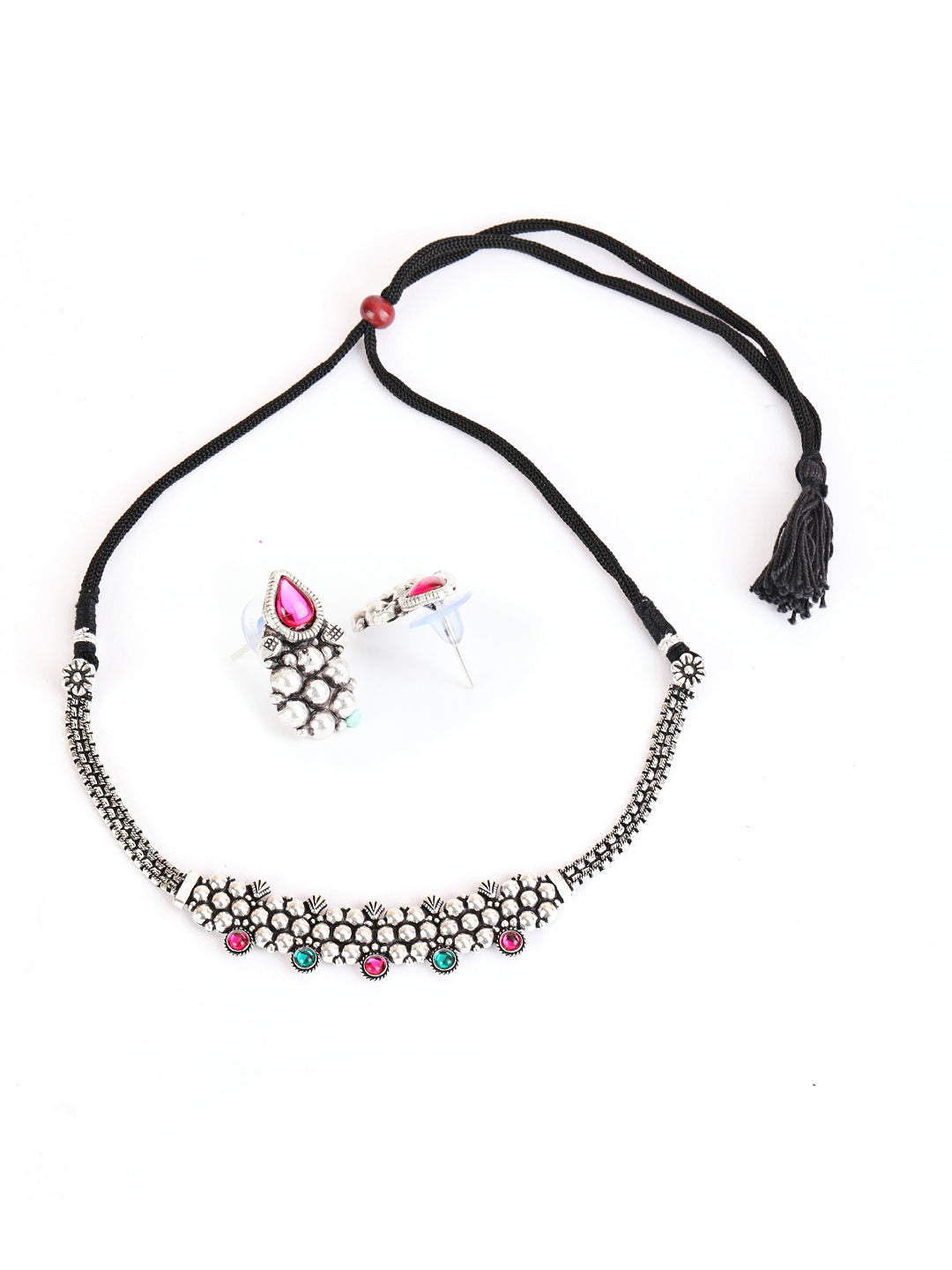 Silver-Toned Oxidized Pink& Green Stone studded Peacock Jewellery Set - Jazzandsizzle