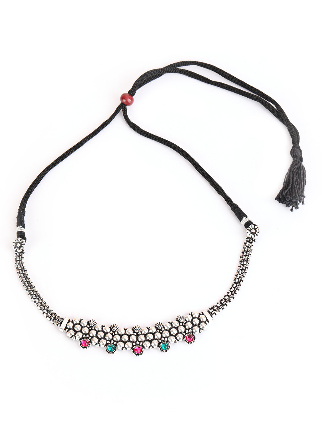 Silver-Toned Oxidized Pink& Green Stone studded Peacock Jewellery Set - Jazzandsizzle