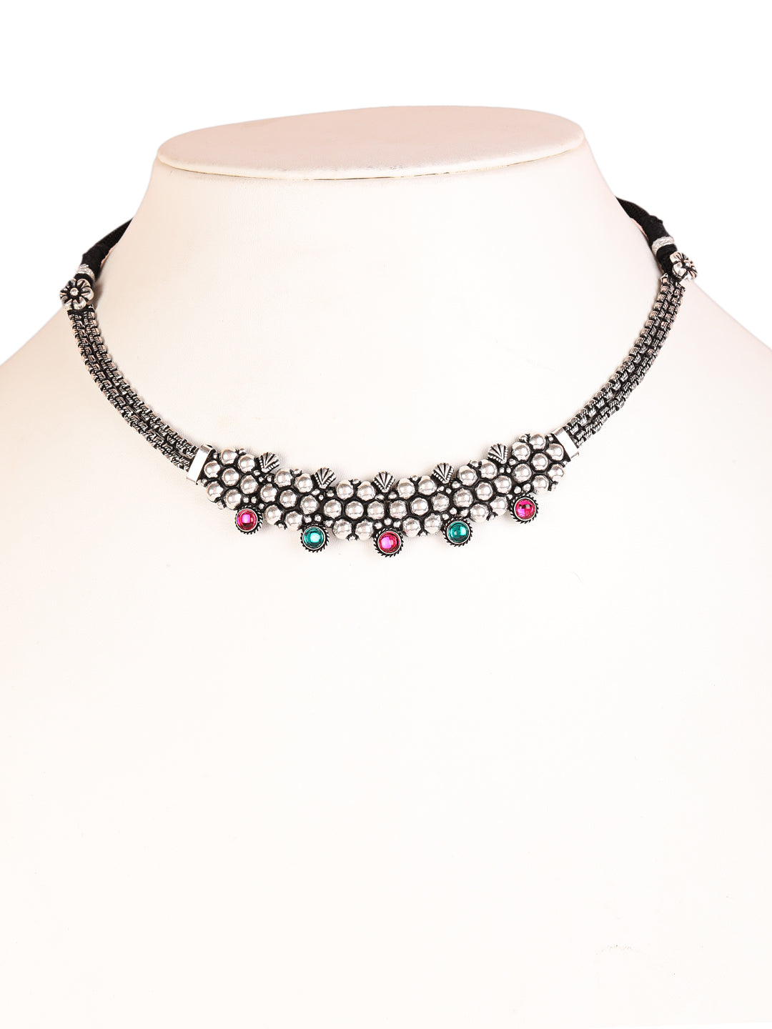 Silver-Toned Oxidized Pink& Green Stone studded Peacock Jewellery Set - Jazzandsizzle