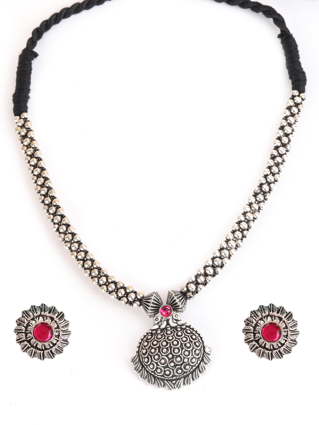 Silver-Toned Oxidized Pink stone studded Peacock Jewellery Set - Jazzandsizzle