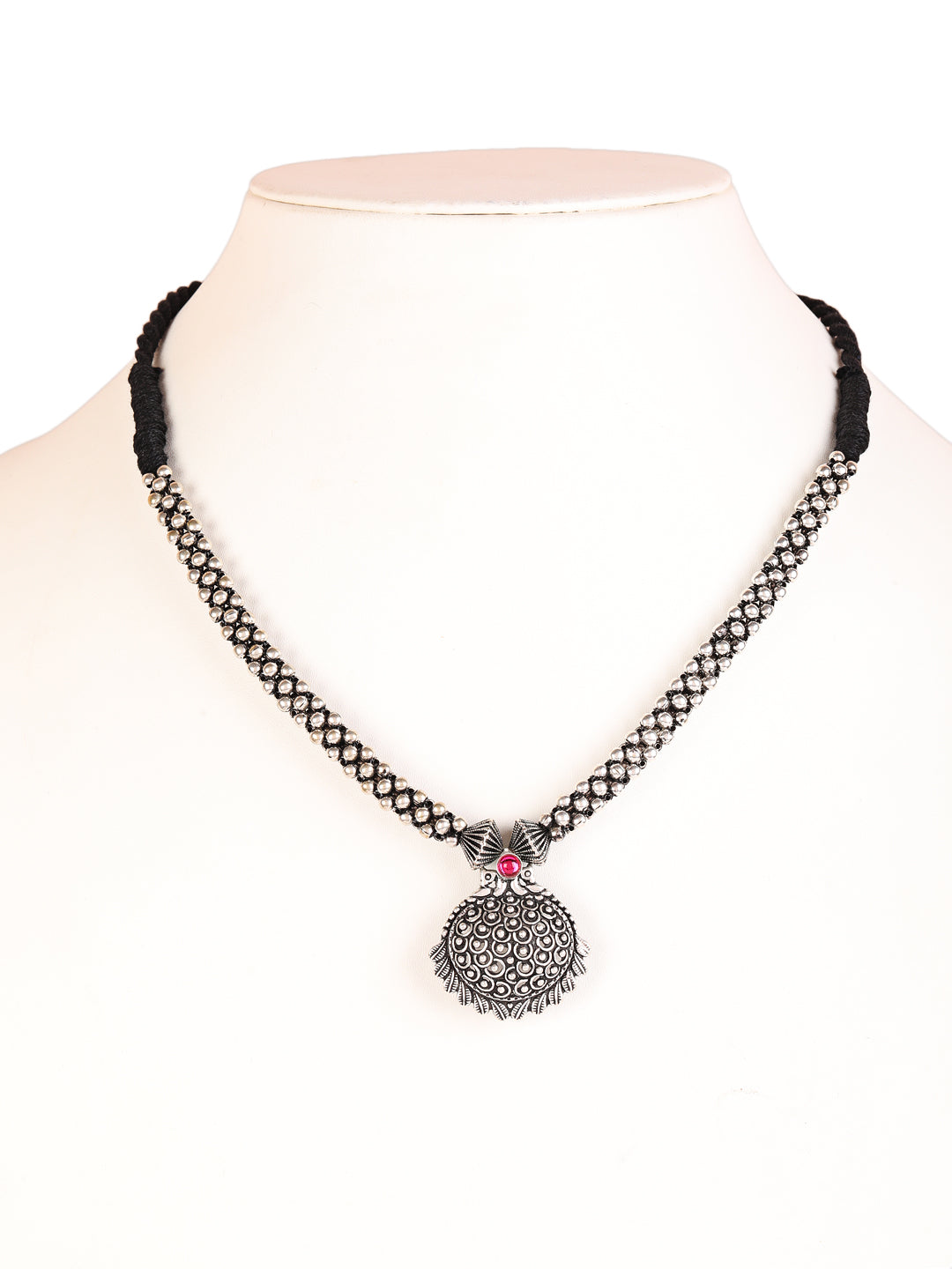 Silver-Toned Oxidized Pink stone studded Peacock Jewellery Set - Jazzandsizzle