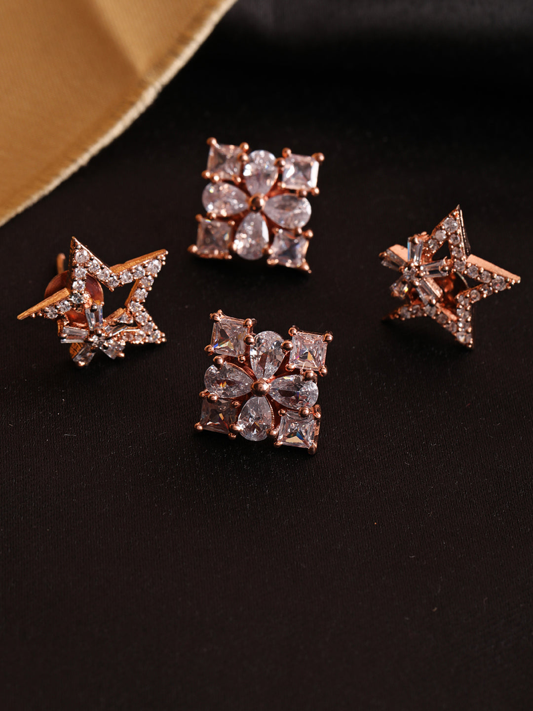 Set of 2 Rose gold plated American Diamond Studded Stud Earrings - Jazzandsizzle