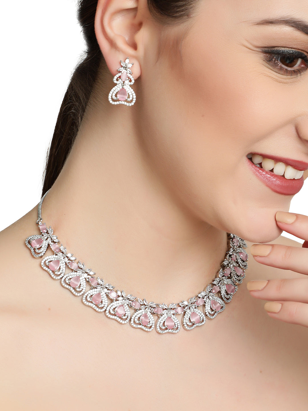 Silver-Plated Crystal Studded Pink American Diamond Handcrafted Necklace Set