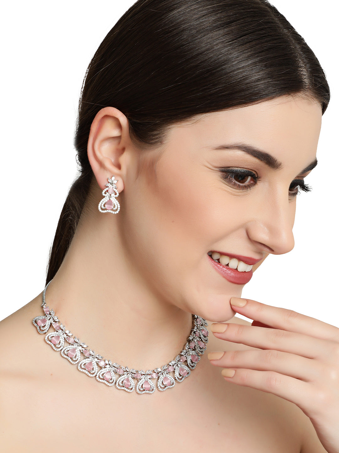 Silver-Plated Crystal Studded Pink American Diamond Handcrafted Necklace Set - Jazzandsizzle