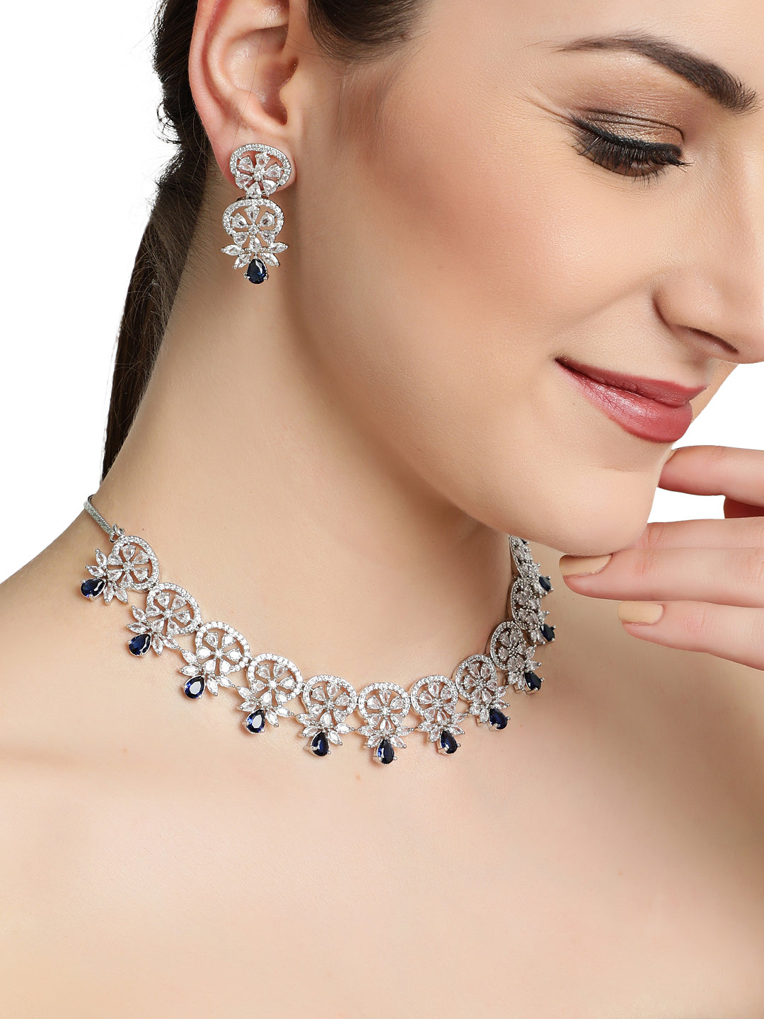 Silver Plated Crystal Studded Blue American Diamond Handcrafted Necklace Set - Jazzandsizzle