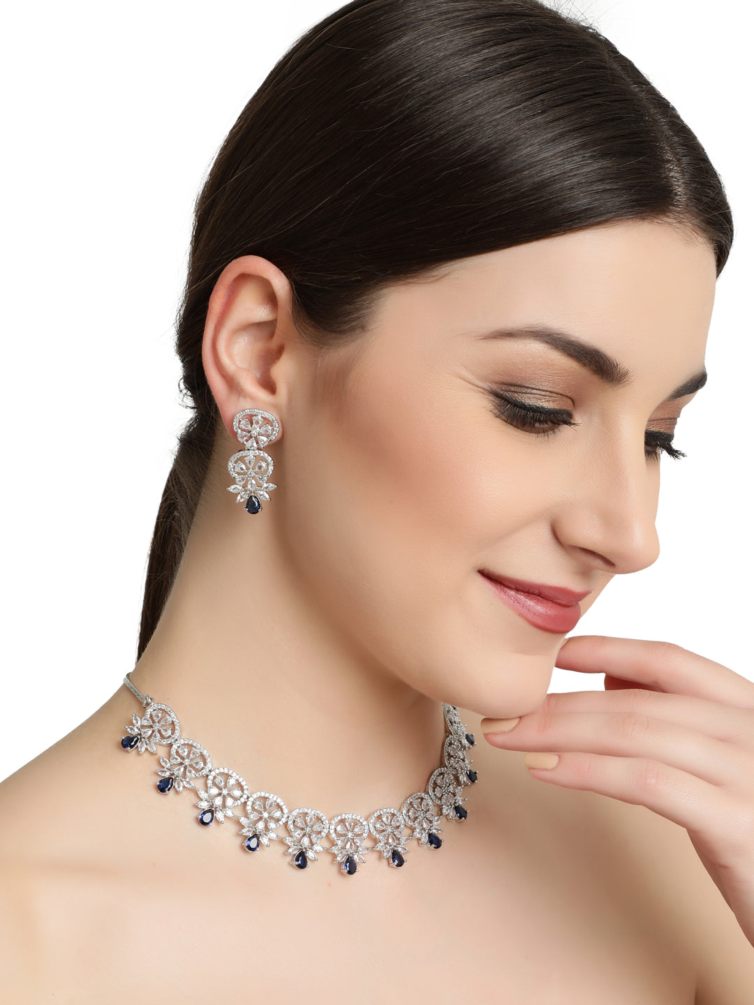 Silver Plated Crystal Studded Blue American Diamond Handcrafted Necklace Set - Jazzandsizzle