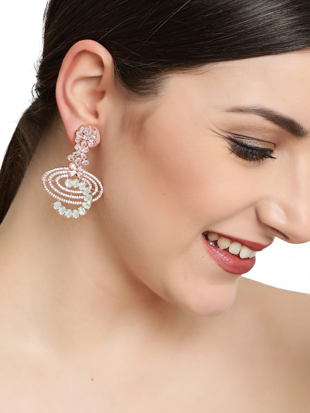 Mint Green & Rose Gold-Plated American Diamond Crescent Shaped Drop Earrings - Jazzandsizzle