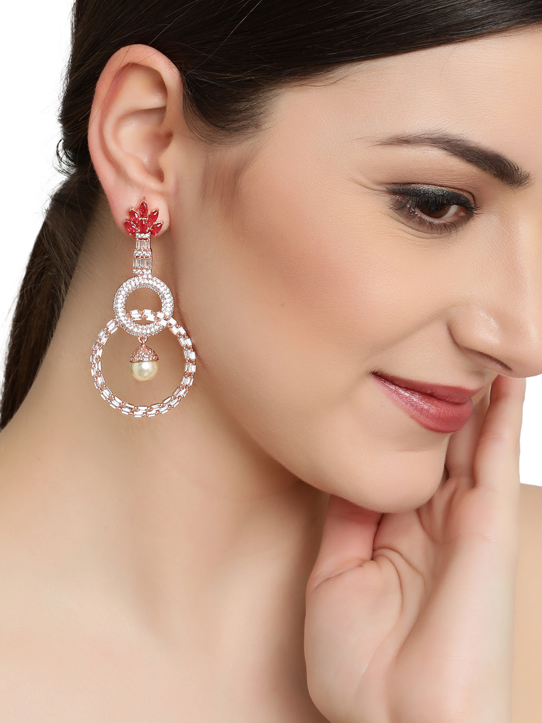 Red & Rose Gold-Plated American Diamond Circulat Shaped Drop Earrings - Jazzandsizzle