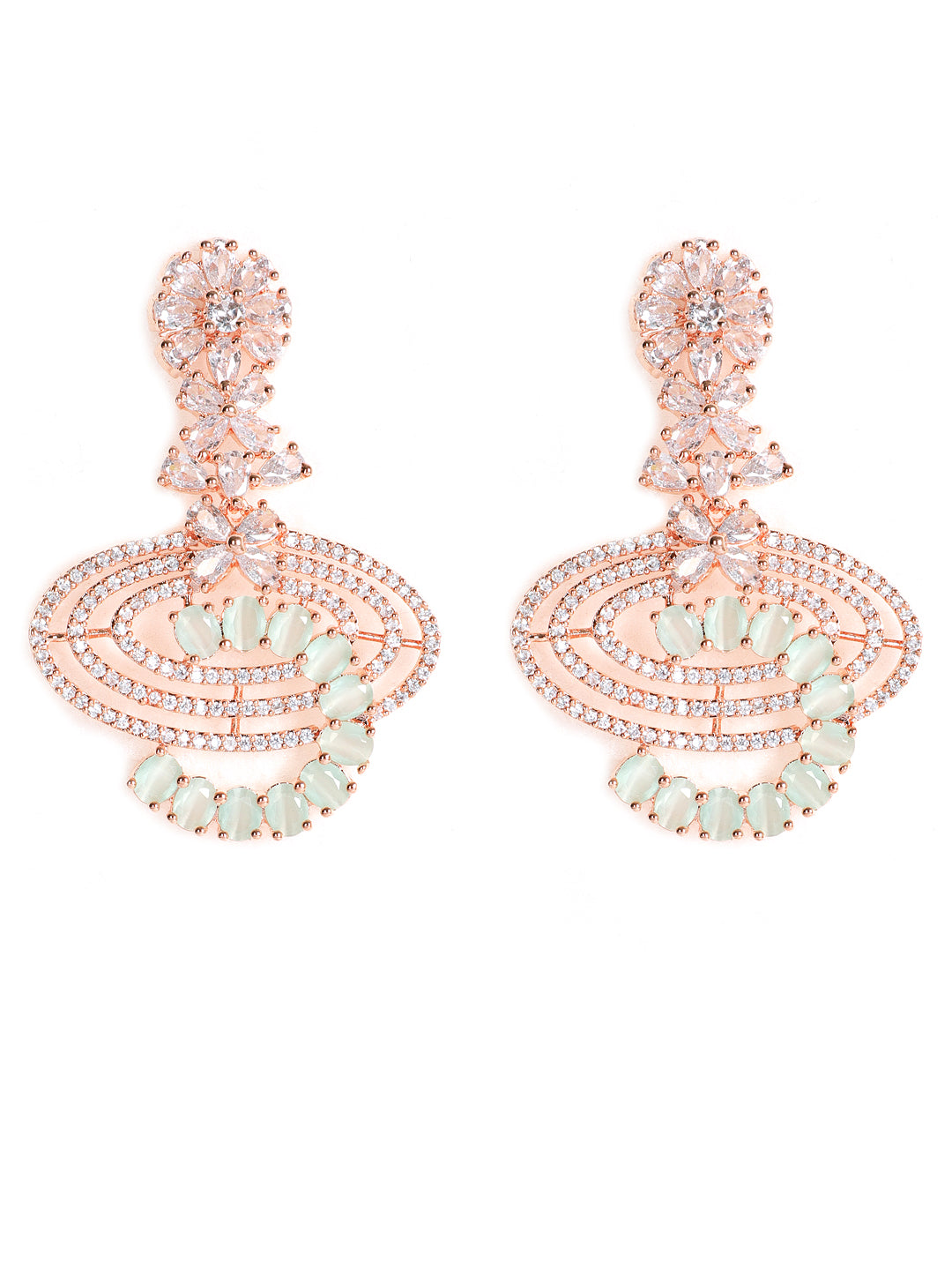 Mint Green & Rose Gold-Plated American Diamond Crescent Shaped Drop Earrings - Jazzandsizzle