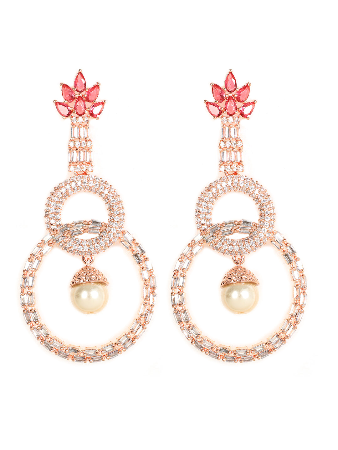 Red & Rose Gold-Plated American Diamond Circulat Shaped Drop Earrings - Jazzandsizzle