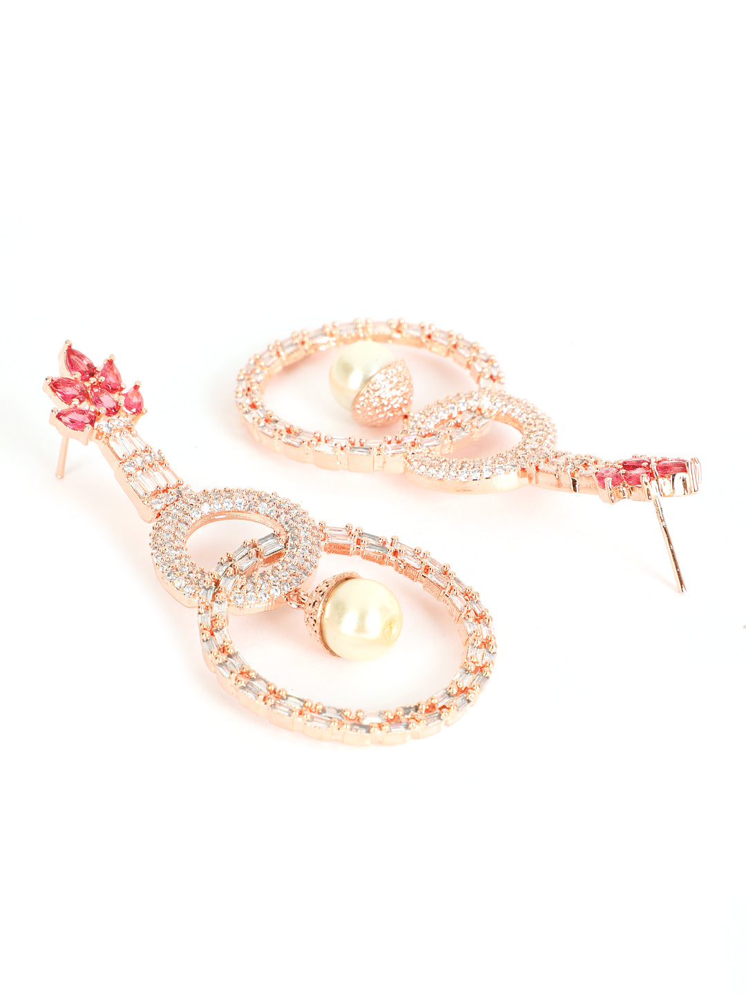 Red & Rose Gold-Plated American Diamond Circulat Shaped Drop Earrings - Jazzandsizzle