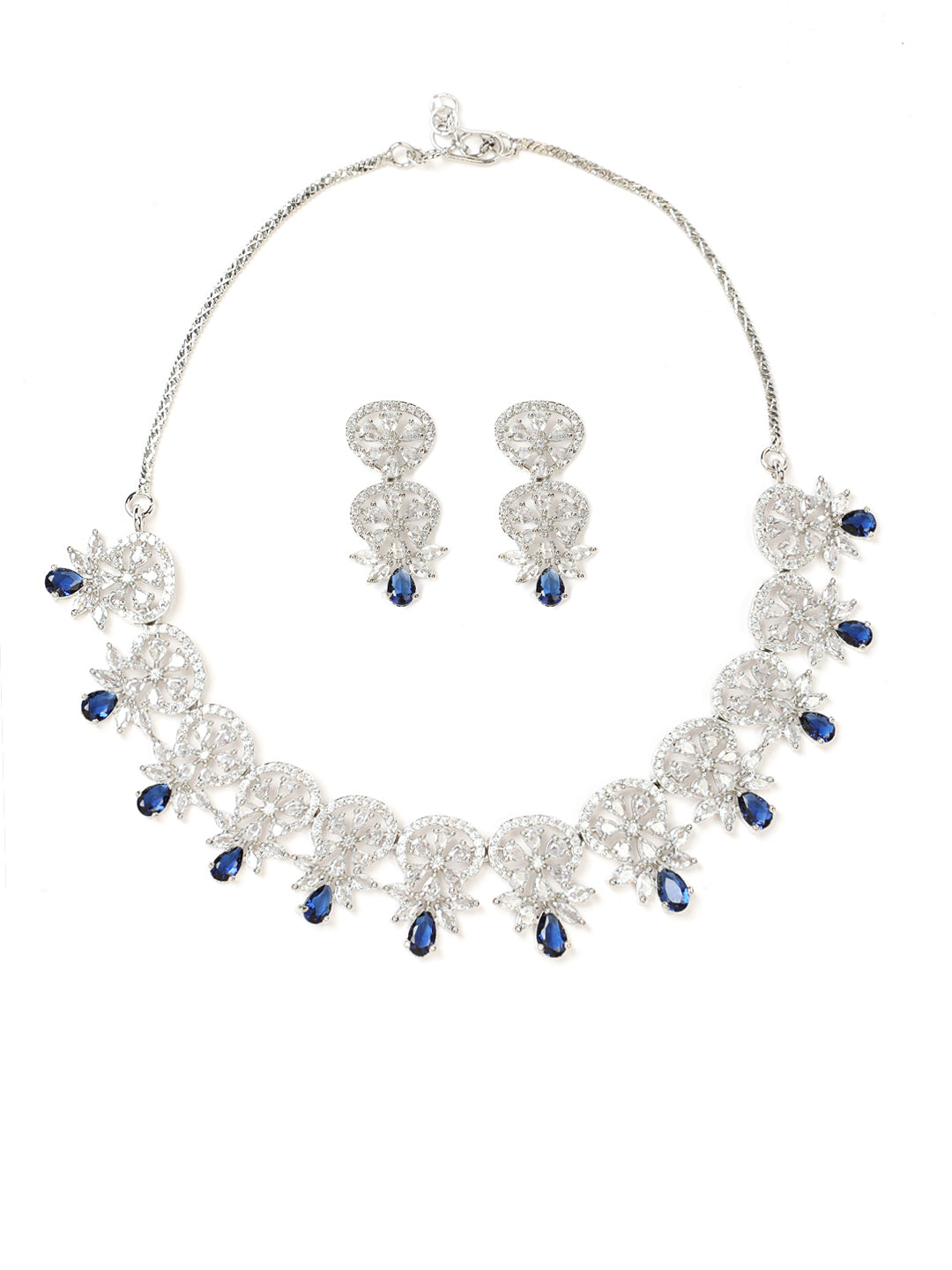 Silver Plated Crystal Studded Blue American Diamond Handcrafted Necklace Set - Jazzandsizzle