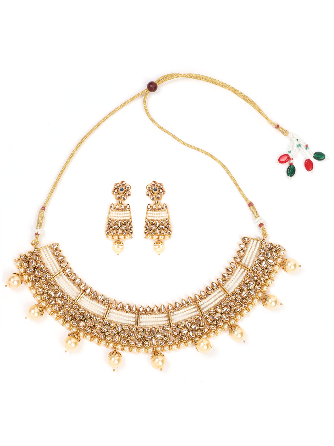 Gold Plated Mirror Studded White Beads Reversible Necklace Set - Jazzandsizzle