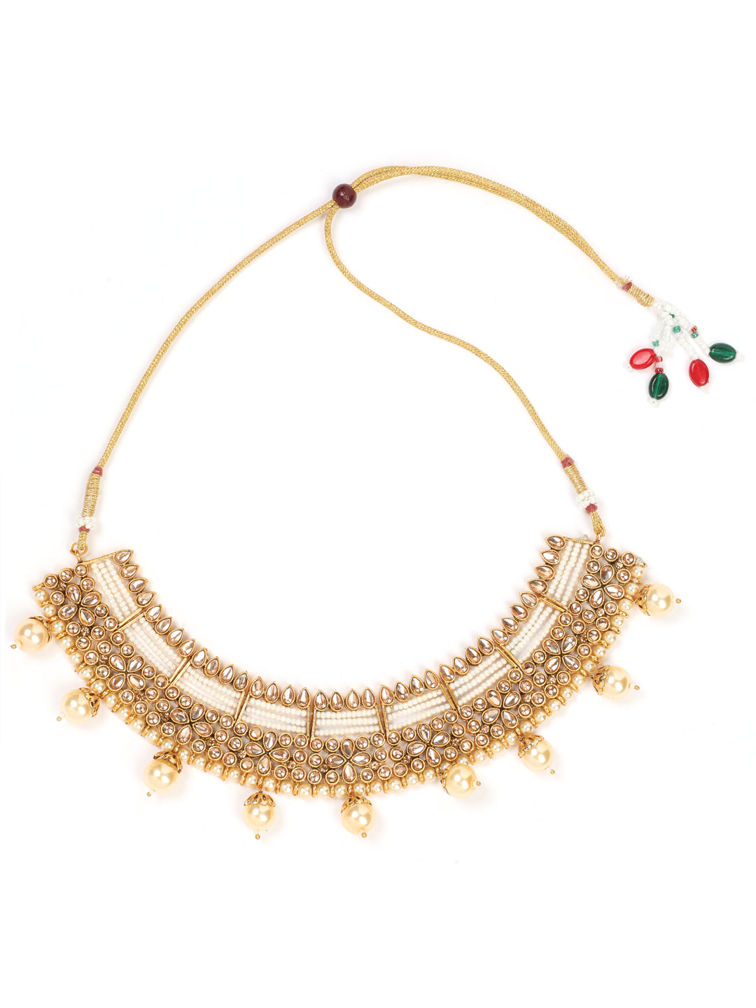 Gold Plated Mirror Studded White Beads Reversible Necklace Set - Jazzandsizzle