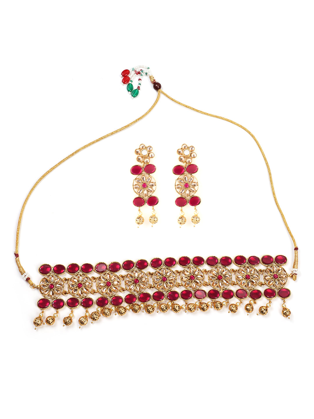 Gold Plated Mirror Studded White Beads Red & Green Reversible Necklace Set - Jazzandsizzle