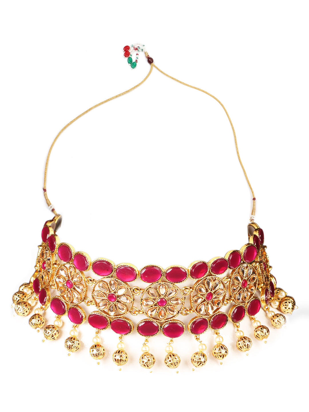 Gold Plated Mirror Studded White Beads Red & Green Reversible Necklace Set - Jazzandsizzle