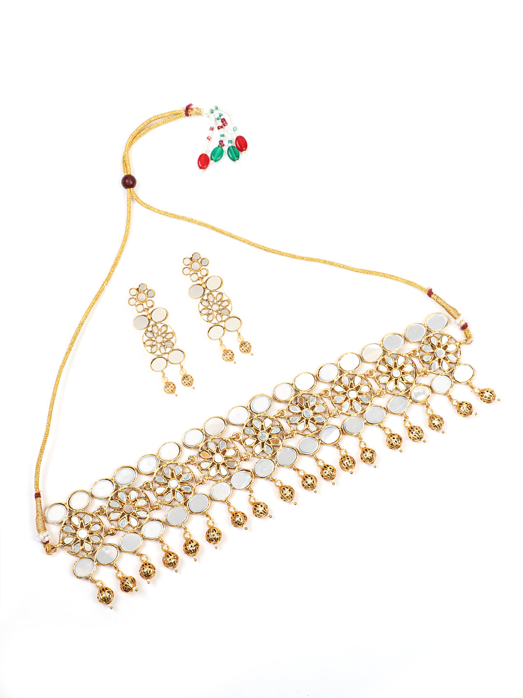 Gold Plated Mirror Studded White Beads Red & Green Reversible Necklace Set - Jazzandsizzle