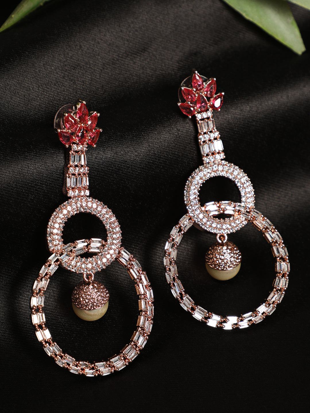 Red & Rose Gold-Plated American Diamond Circulat Shaped Drop Earrings - Jazzandsizzle