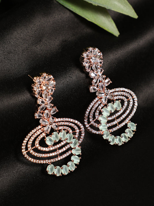 Mint Green & Rose Gold-Plated American Diamond Crescent Shaped Drop Earrings - Jazzandsizzle