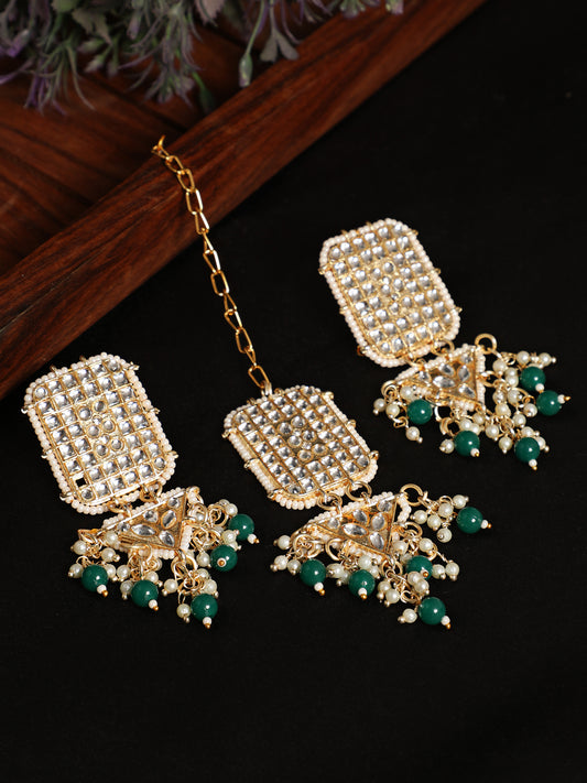 Gold-Toned Green & White Kundan stone studded & Pearls Beaded Traditional Maangtikka & Earrings Set - Jazzandsizzle