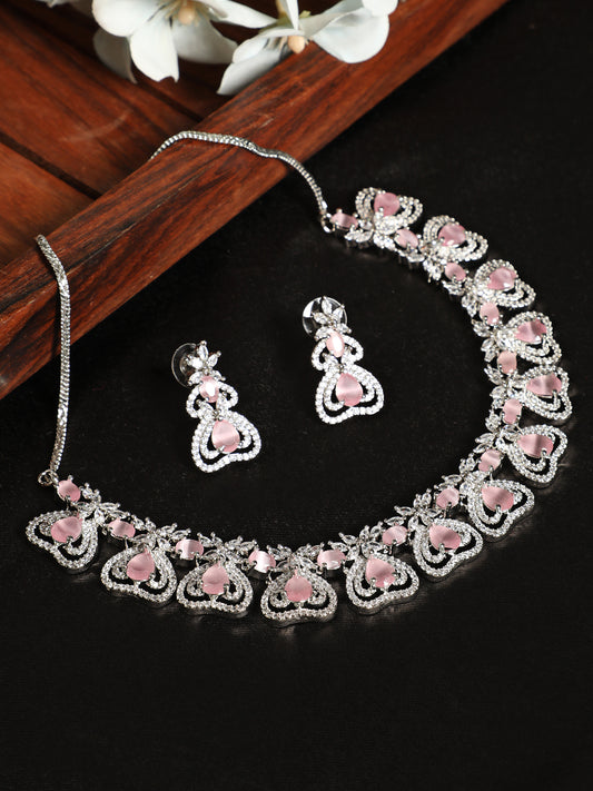 Silver-Plated Crystal Studded Pink American Diamond Handcrafted Necklace Set - Jazzandsizzle