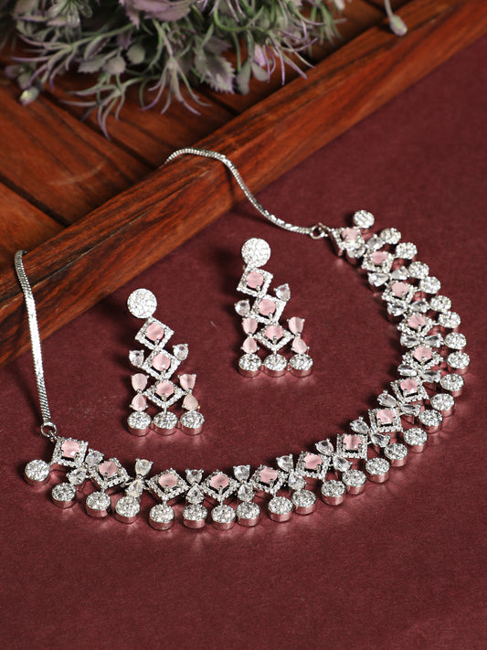 Silver Plated Pink Studded American Diamond Handcrafted Necklace Set - Jazzandsizzle