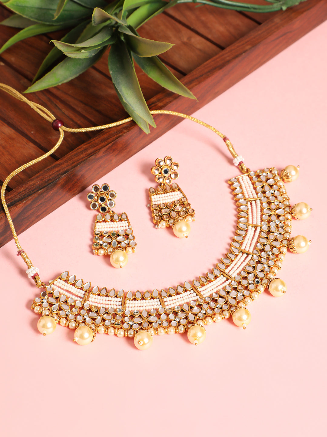 Gold Plated Mirror Studded White Beads Reversible Necklace Set - Jazzandsizzle