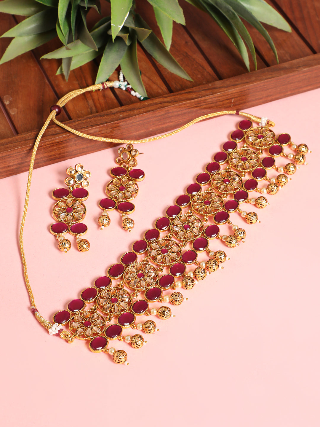 Gold Plated Mirror Studded White Beads Red & Green Reversible Necklace Set - Jazzandsizzle