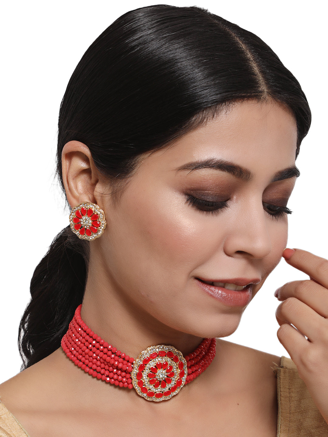 Women Red & White Kundan-Studded & Beaded Handcrafted Jewellery Set - Jazzandsizzle