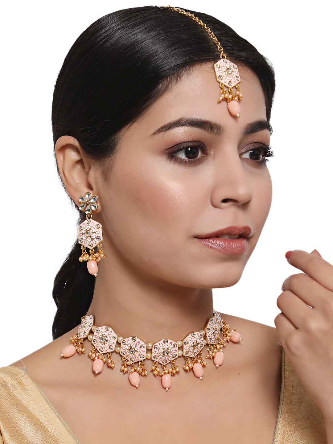 Gold-Plated Peach & Pink Meenakari Jewellery Set with Maangtika - Jazzandsizzle