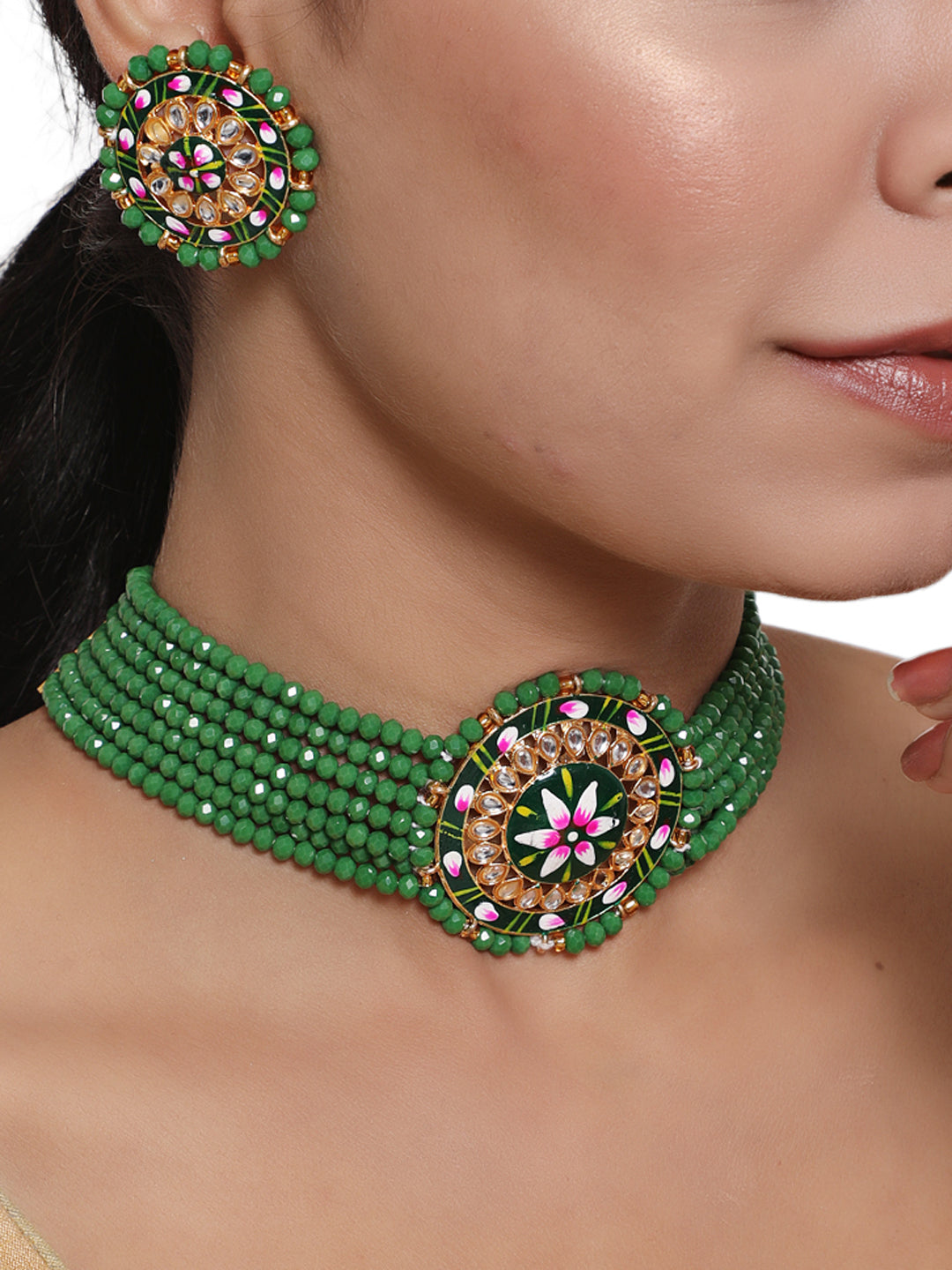 Women Green & Pink Kundan-Studded & Beaded Handcrafted Meenakari Jewellery Set - Jazzandsizzle