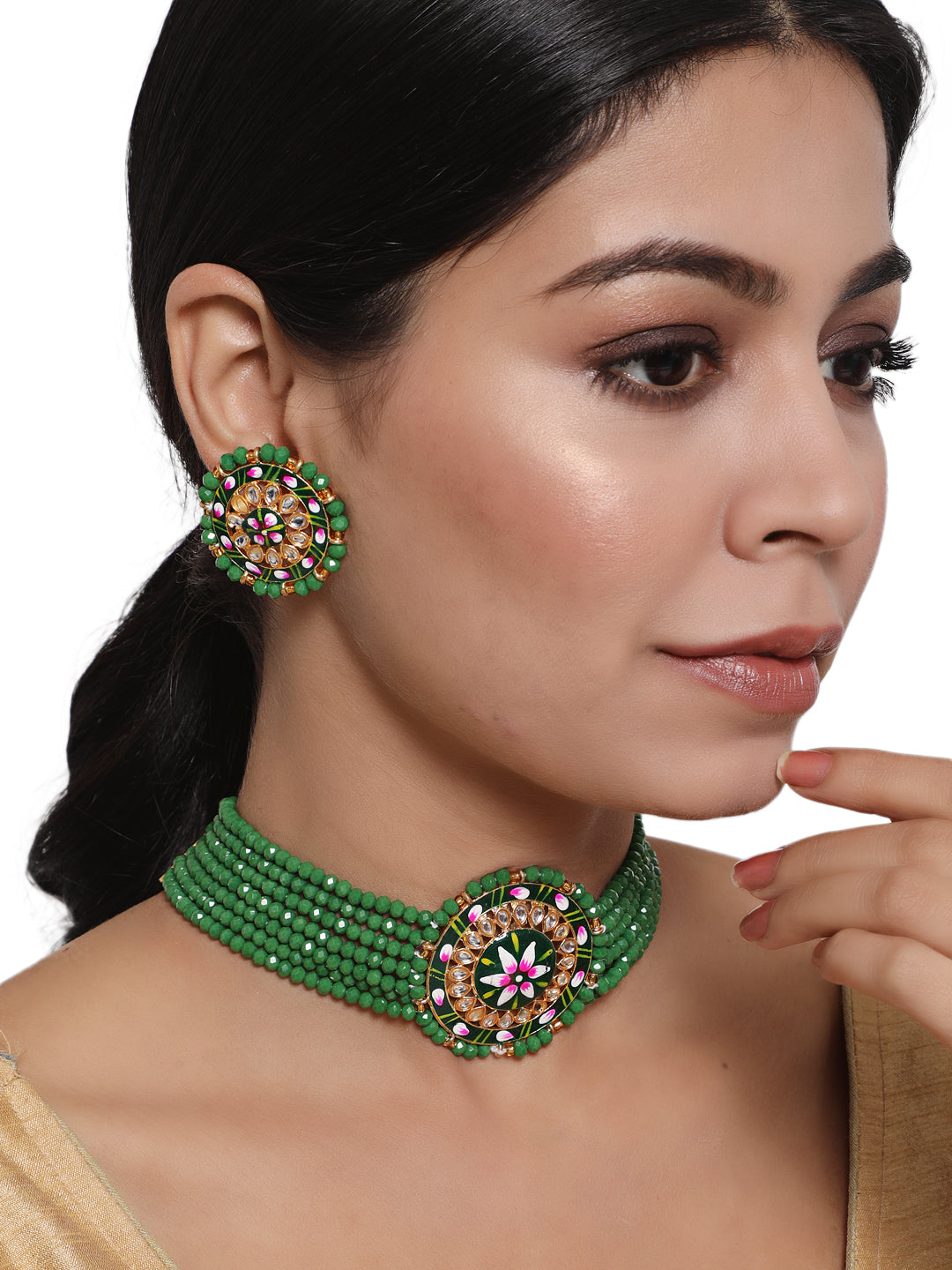 Women Green & Pink Kundan-Studded & Beaded Handcrafted Meenakari Jewellery Set - Jazzandsizzle